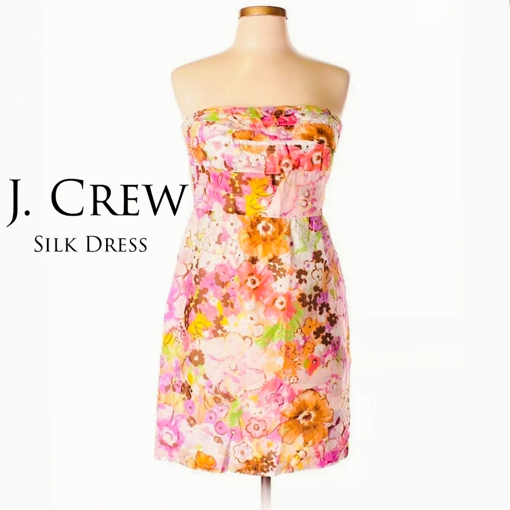 J. Crew | Floral Strapless Watercolor Silk Dress